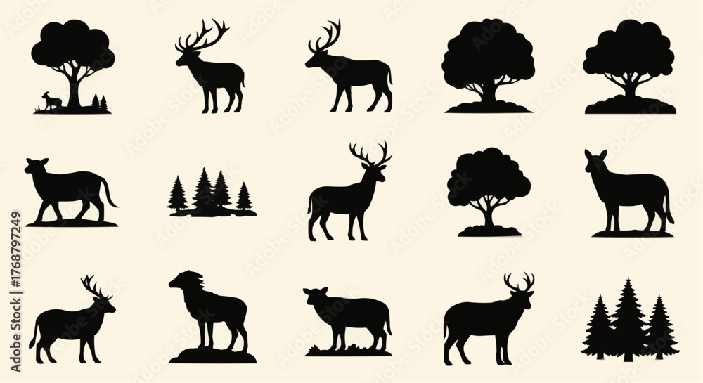 Obraz premium Silhouette collection featuring deer, trees, and forest elements in a nature themed arrangement