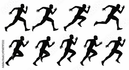 Silhouette depictions of runners in motion showcasing athletic performance and speed across a white background