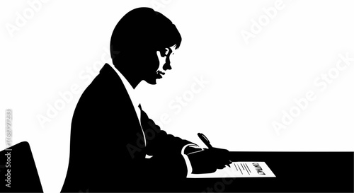 Silhouette of a woman in a suit signing a contract on a desk in black and white illustration