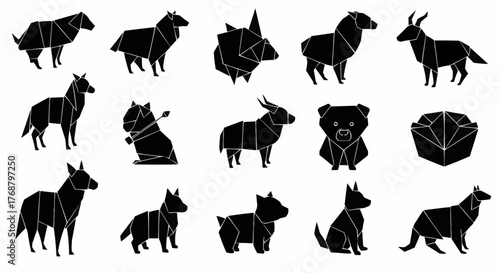Collection of origami style animals featuring dogs, bears, and horned creatures in black silhouette style