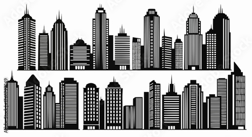 Black and white silhouette of a city skyline with various buildings and skyscrapers in a cityscape view