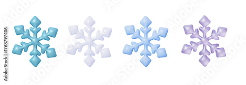 Set of 3D vector snowflakes — blue, white and purple ice crystals, winter decorations and design elements for Christmas background and festive illustration