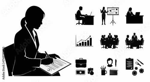 Silhouette illustrations of business people working at desks and attending meetings in various settings
