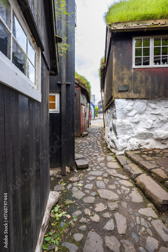 Historic cobblestone alley with turf-roofed wooden houses