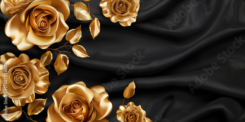 Luxurious golden roses artfully arranged on a flowing black satin background