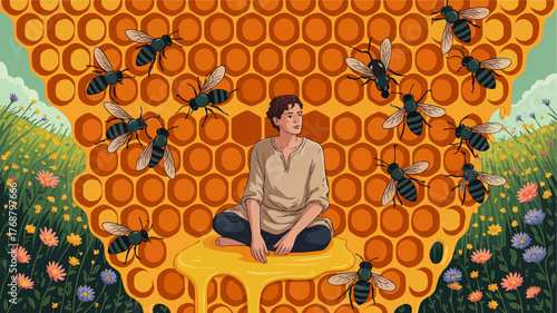 Young Man Sitting on Honeycomb with Bees, Surrounded by Wildflowers – Vibrant Vector Concept of Nature, Beekeeping, and Harmony