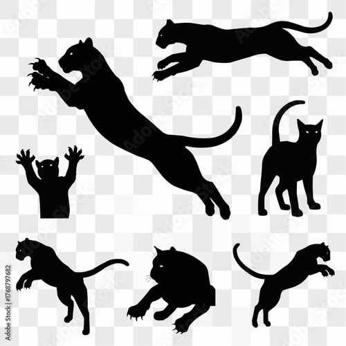 Silhouettes of panthers and a cat in various poses against a transparent checkered background art design