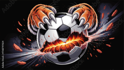 Fierce Tiger Claws Ripping Soccer Ball with Explosive Energy on Black Background – Powerful Sports Concept Illustration