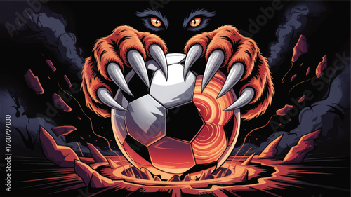 Fierce Beast Claws Grabbing Soccer Ball in Explosive Comic Style Illustration – Dramatic Sports Mascot, Dynamic Energy, Dark Background