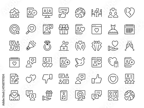 Online dating icon set. Vector line icons collection. Outline symbols. Modern design