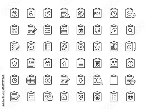 Clipboard icon set. Vector line icons collection. Outline symbols. Modern design