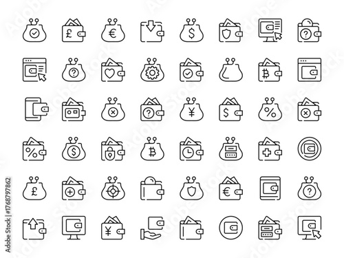 Wallet icon set. Vector line icons collection. Outline symbols. Modern design
