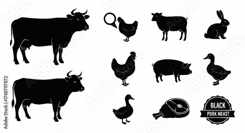 Collection of black farm animals including cows chickens sheep rabbit pig and ducks in silhouette style