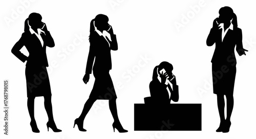 Silhouetted businesswomen in various poses talking on cellphones in a professional environment setting