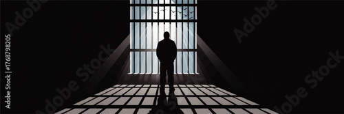Silhouette of Man Standing in Prison Cell with Sunlight Through Bars – Concept of Solitude, Hope, Freedom, and Incarceration