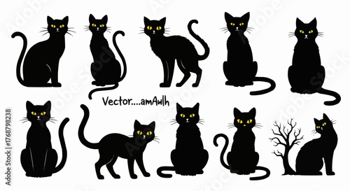 Collection of ten black cat silhouettes in various poses with yellow eyes on a white background design element