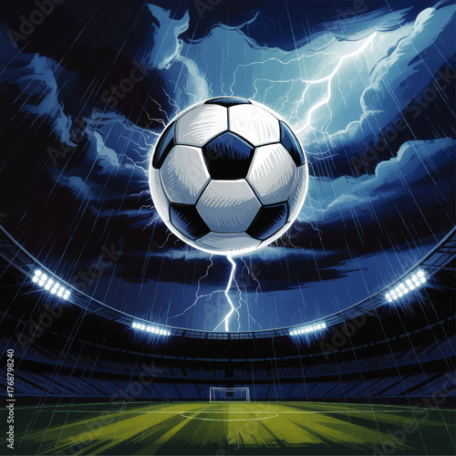 Dramatic Soccer Ball in Lightning Storm Over Stadium – Intense Night Match, Rainy Weather, Arena Lights, Vector Illustration
