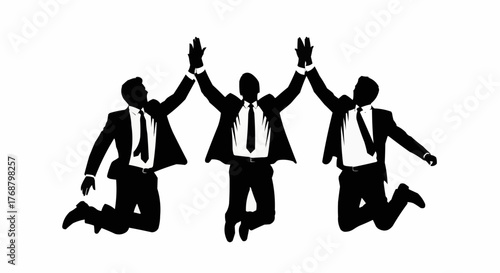 Three silhouetted businessmen in suits jumping with raised hands in a celebratory gesture of success
