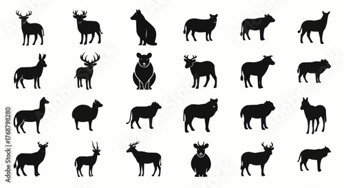 Collection of various animal silhouettes including deer bear sheep and cattle in black color on white background