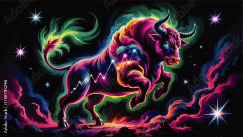 Vibrant Neon Bull Illustration with Rising Stock Chart, Cosmic Galaxy Background, Futuristic Finance and Cryptocurrency Art