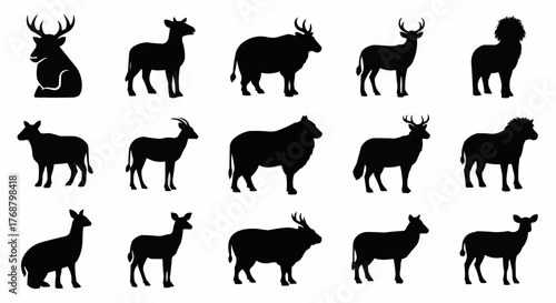 Silhouette array of various animals including deer, antelopes, horses, and cattle in black color isolated