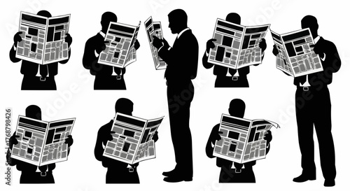 Silhouettes of people in suits reading newspapers in various poses against a white background shown in a group