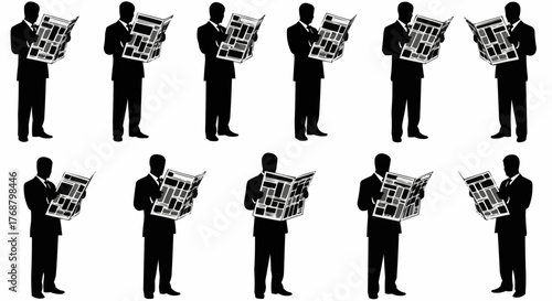 Silhouette pattern of business people reading newspapers in a repetitive and organized arrangement style
