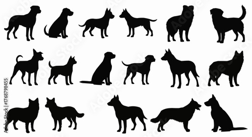 Silhouette collection of various dog breeds standing and sitting in different poses on a white background