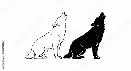 Two wolves howling at the moon one white outline and one solid black silhouette on a white background