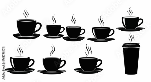 Illustration of multiple black coffee cups with steam and one disposable coffee cup on white background