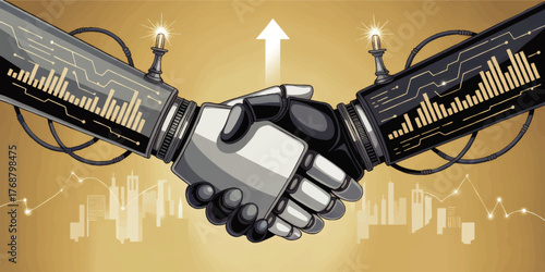 Futuristic Robot Handshake with Digital Data Charts and Golden City Skyline Symbolizing AI Technology Partnership