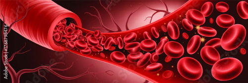 3D Illustration of Red Blood Cells Flowing Inside Human Artery, Medical Background, Circulatory System, Healthy Blood Vessels