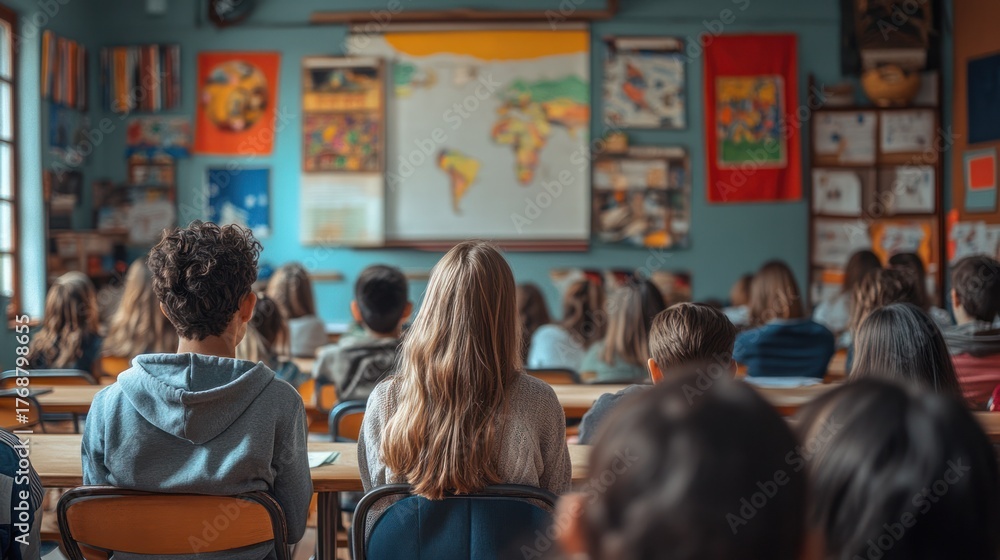 Obraz premium Students attentively listening to a lecture in a classroom, focused on learning and education. A vibrant and engaging learning environment.