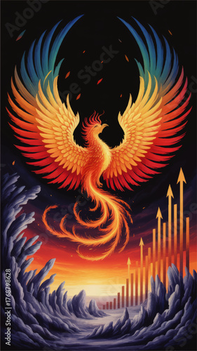Majestic Phoenix Rising Illustration with Vibrant Feathers, Financial Growth Arrows, Abstract Landscape, and Sunset on Black