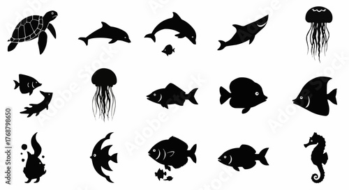 Silhouette collection of marine animals including turtle dolphin jellyfish and various types of fish