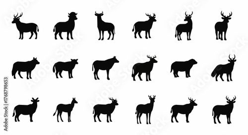 Silhouette collection featuring various deer and cattle species standing in different poses against white