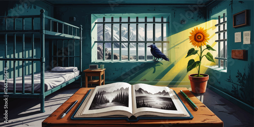 Surreal Prison Cell Interior with Sunflower, Raven, Open Book, and Mountain View Through Bars - Hope and Freedom Concept Art