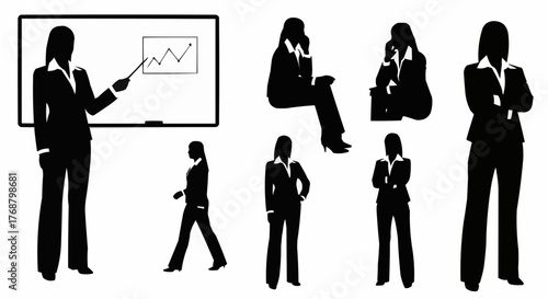 Silhouettes of businesswomen in various poses with whiteboard and graph presentation displayed clearly