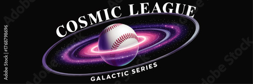 Cosmic League Galactic Series Logo – Baseball in Space with Galaxy Rings and Stars, Futuristic Sports Vector Illustration
