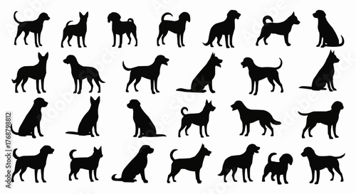 Collection of various dog breed silhouettes in different poses against a white background image view