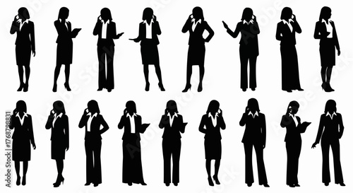 Silhouettes of businesswomen in suits using phones and holding documents in various poses on white background
