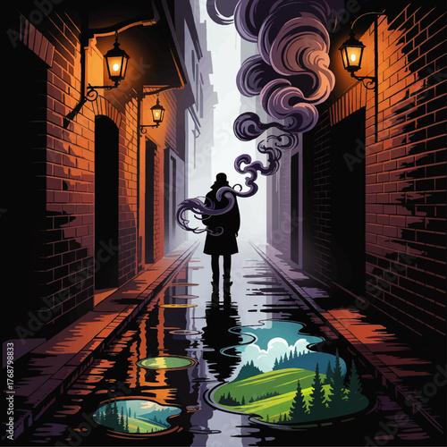 Mysterious Silhouette in Urban Alley With Lanterns, Smoky Mist, and Surreal Nature Reflections in Colorful Puddles – Conceptual Vector Art
