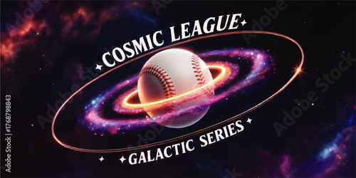 Cosmic Baseball League Logo with Galactic Space Background, Glowing Planet Saturn Rings and Nebula, Futuristic Sports Illustration