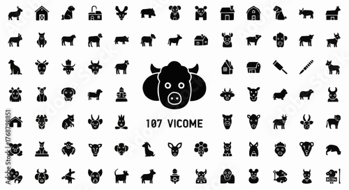 Collection of farm animals and related objects in silhouette style showcasing diverse species and structures