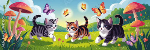 Playful Kittens and Butterflies in Vibrant Fairy Tale Meadow with Mushrooms and Flowers, Cute Vector Illustration