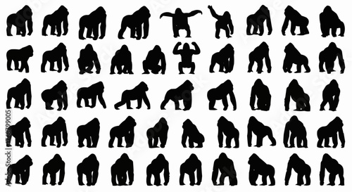 Silhouette pattern of gorillas in various poses against a white background creating a dynamic composition