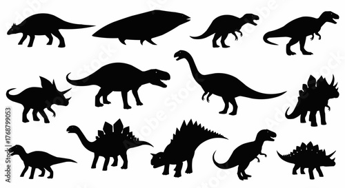 Silhouette illustration showing various species of dinosaurs in black against a white background