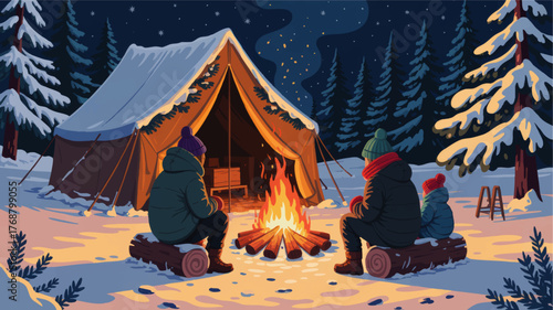 Cozy Winter Family Camping Scene by Campfire, Snowy Forest Night, Adventure Outdoor Holiday Vector Illustration