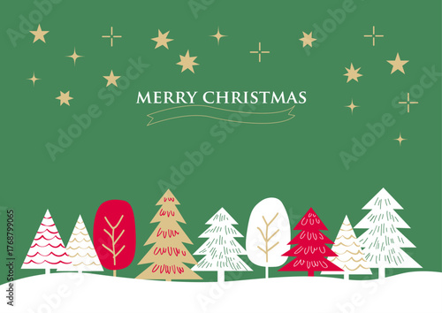 【手描き風・シンプル】星空と木々のクリスマスイラスト素材