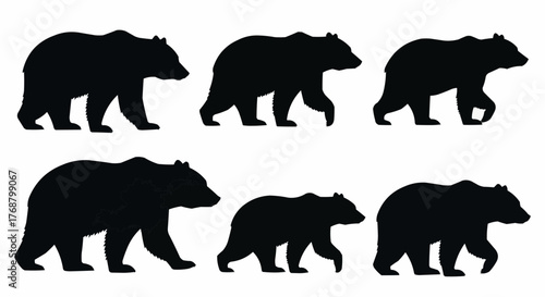 Silhouette illustration showing six bears walking in a row on a white background view from the side